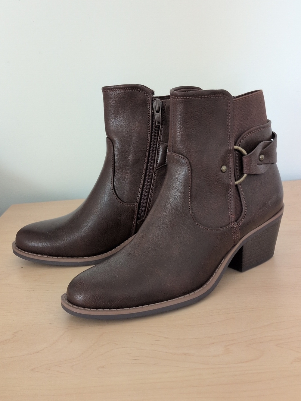 Ella Brown Faux-Leather Ankle Boots with Decorative Buckle NWT